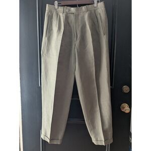 Vtg 90s Y2K Mens Pleated Linen Rayon Trousers Olive Green Cuffed 33x32 Classic